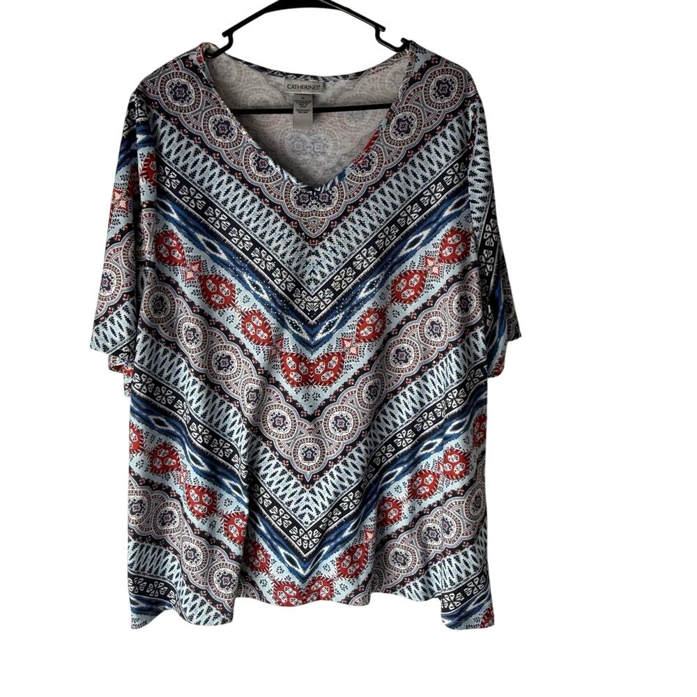 Catherines Plus Size 1X Rhinestone Red White Blue 3/4‎ Sleeve Blouse 4th of July